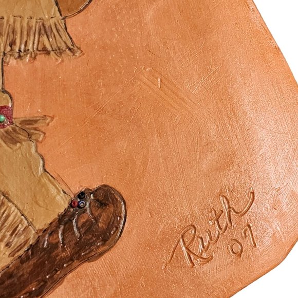 Terra Cotta Clay Tiles Signed Ruth 07 Native Children Boy Girl Leather Hanger - Picture 4 of 7